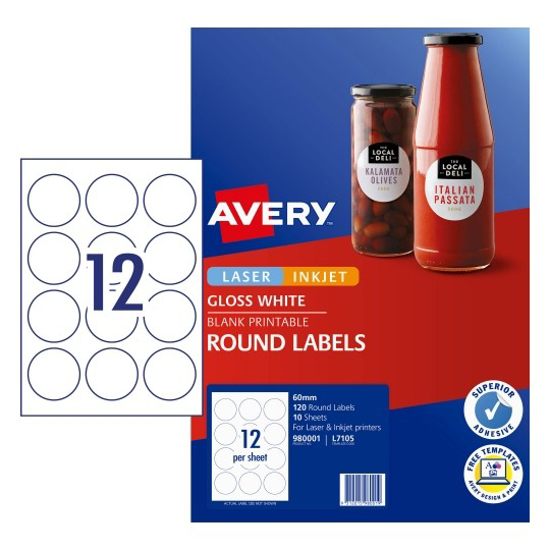 Picture of LABEL AVERY L7105 WHITE GLOSSY ROUND 60M